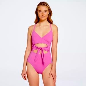 CALIA Women's Tie Front One Piece Swimsuit Pink Geranium Purple 16 brand new